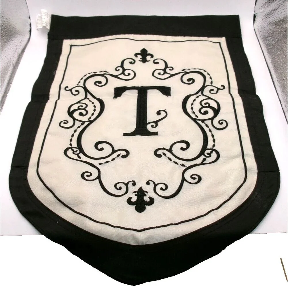 Evergreen Flag Monogram Letter T Embroidered Applique Beige & Black 12x17 inches